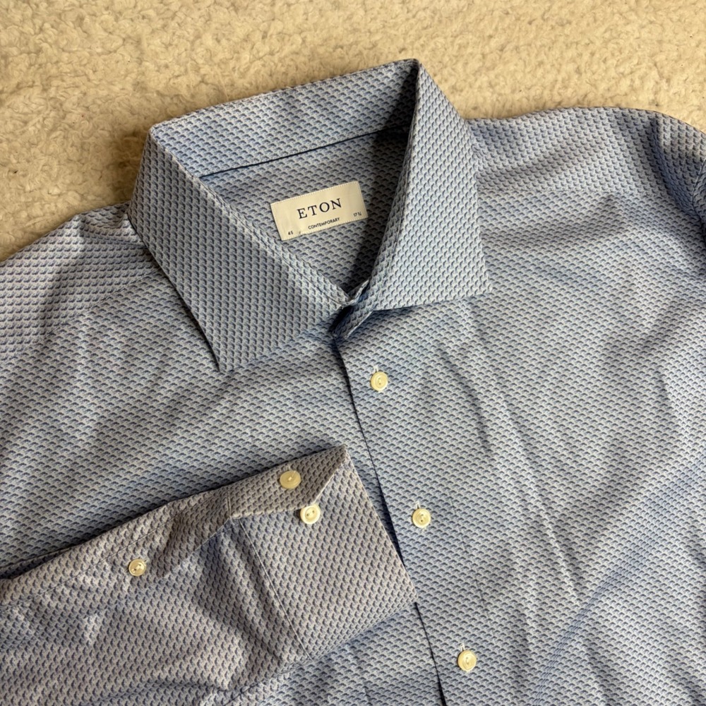 Eton Contemporary Fit Dress Shirt Mens 17.5 45 Blue Geometric Print Cotton L/S